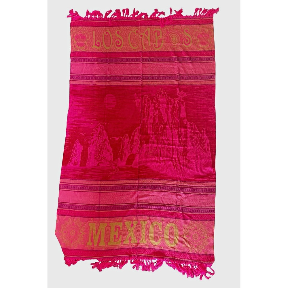Mexico Los Cabos Woven Blanket Wall Hanging Pink Tapestry Fringe Boho 57x90
